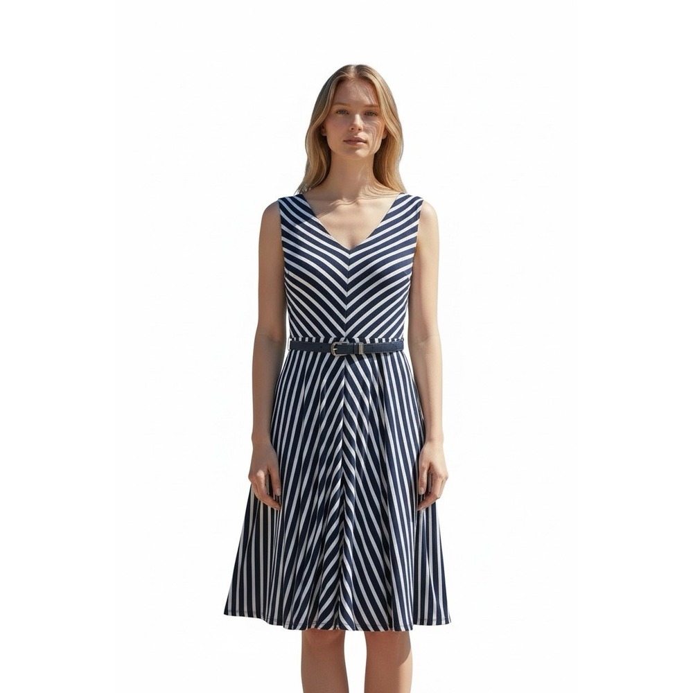 RALPH LAUREN Navy White Mitered Stripe Stretch Jersey Belted Sleeveless Dress PS